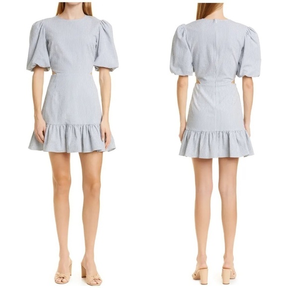 NWT Veronica Beard Iker Dress Side Cut Out Puff Sleeve Ruffle Mini Blue Sz 8 - Picture 2 of 15